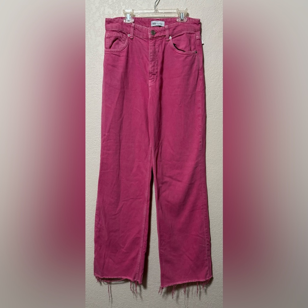 ZARA Women's Pink High Waisted Flare Jeans Wide Leg Raw Hem 90's Size 8